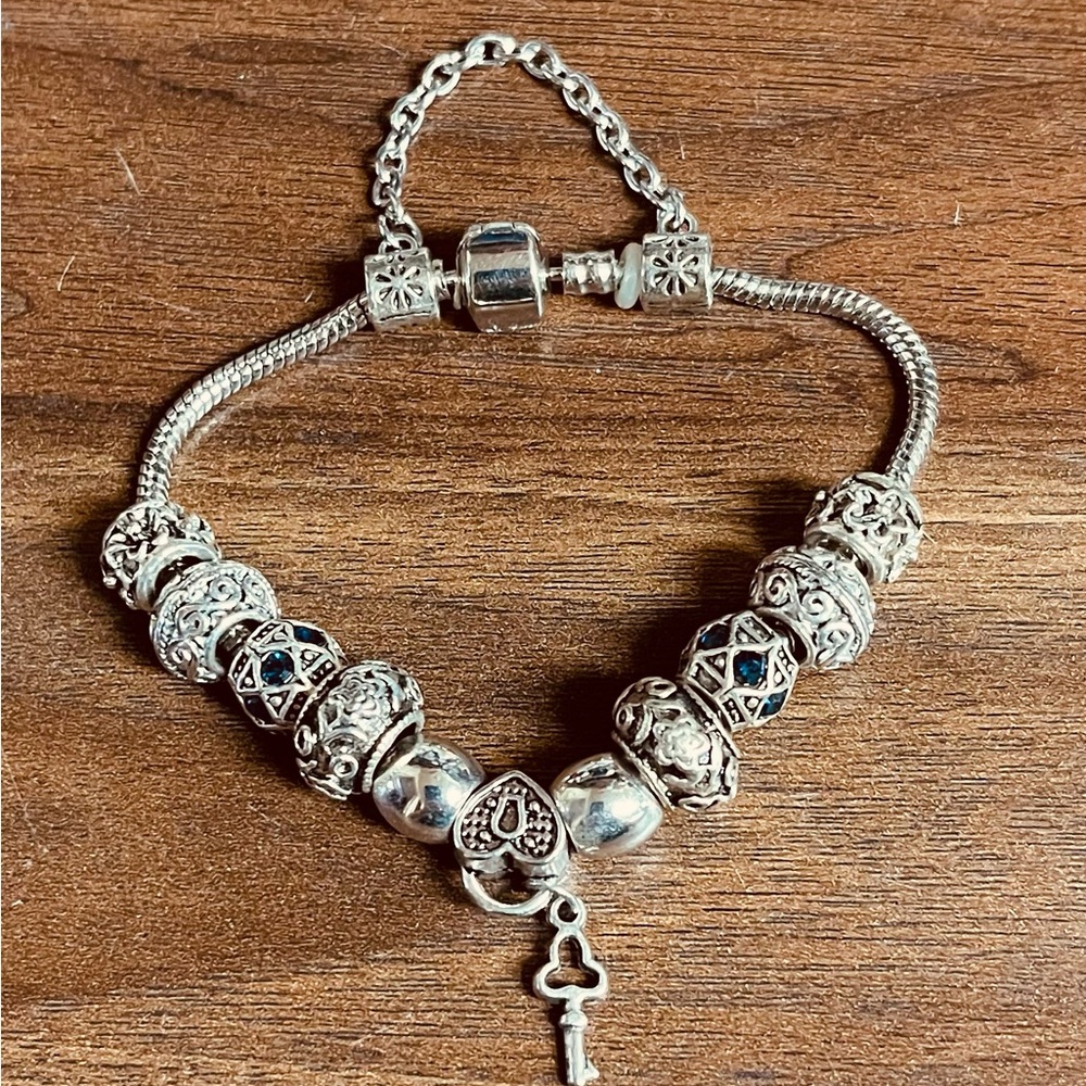 Heart & Key Charm Bracelet - Silvertone